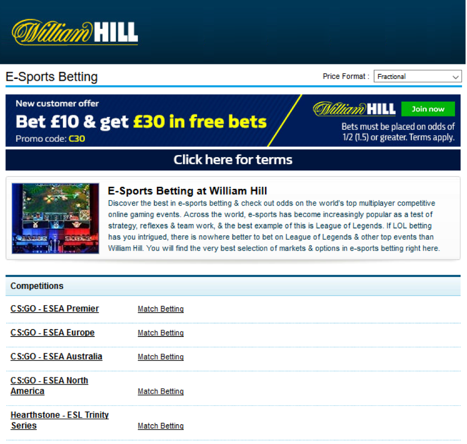 E-sports betting here at William Hill Online
