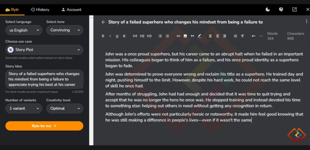 Rytr.Ai - Sample Story Plot Writing Generated with AI